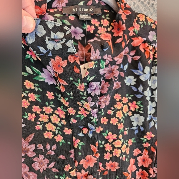 A.E. Studio Womens Floral Chiffon Full Button Front Mini Dress Sz M Black Purple - Picture 6 of 16